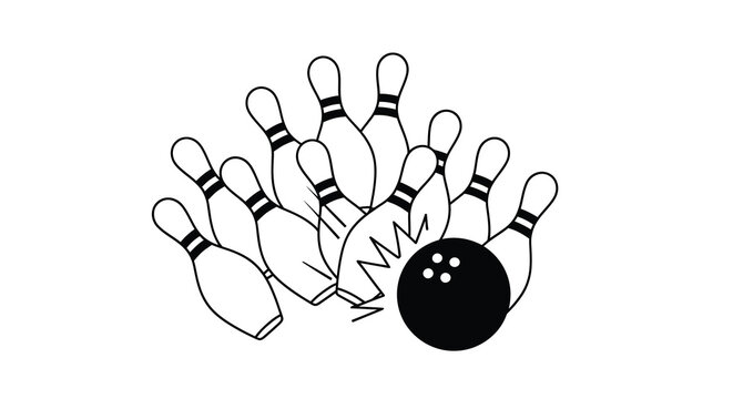 Bowling pins and ball black and white line drawing