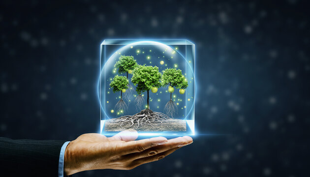 Close up view of a hand holding a clear cube with trees and roots inside on a dark background with glowing elements