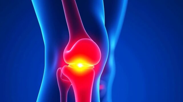 3D knee joint highlighting pain. Skeletal femur model with red flare. Futuristic CGI rendering on blue background. Orthopedics, musculoskeletal system. Concept of inflammation and discomfort.