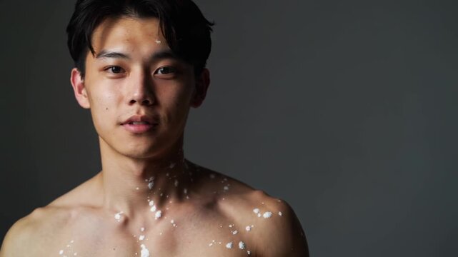 Young Asian man with vitiligo skin condition against grey studio background medium shot