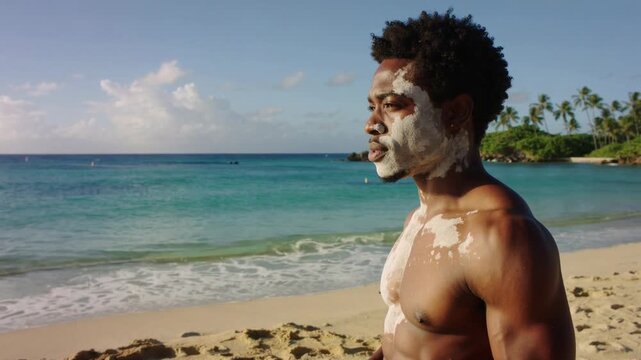 Young Black man with white mud mask on face and chest standing on tropical beach medium shot