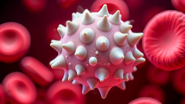 Virus particle interacts with blood cells. Pathogen among red corpuscles. High-resolution microscopic view. Immunology, viral infection dynamics. Concept of defense and pathogenesis.