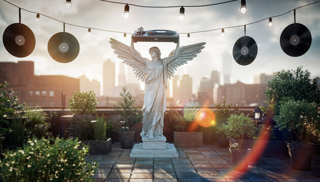 Body statue of an angel with a turntable on its head in a city rooftop setting with plants and record decorations