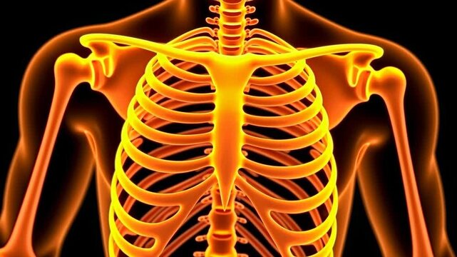 Skeleton structure highlighted in orange glow. Ribcage and spine illuminated. Radiographic view of skeletal anatomy. Human anatomy, bone health study. Concept of strength and protection.