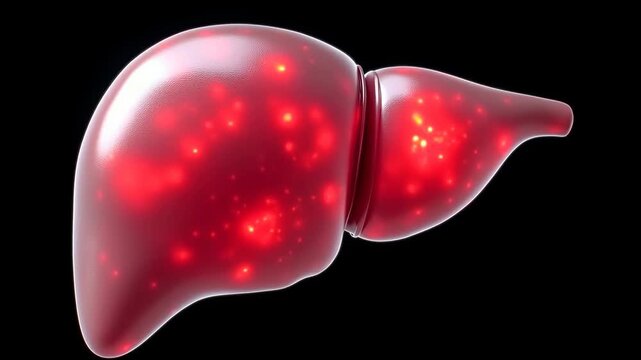 Transparent liver model glowing. Liver cells highlighted in red. High-definition CGI rendering on black background. Hepatology, digestive system. Concept of health and detoxification.