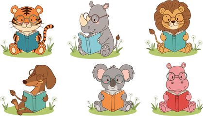 Cute wild animals reading books collection with cartoon educational characters vector illustration set