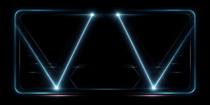 A futuristic neon-lit triangular design with glowing blue lines forms a rectangular shape on a dark background with subtle red accents.