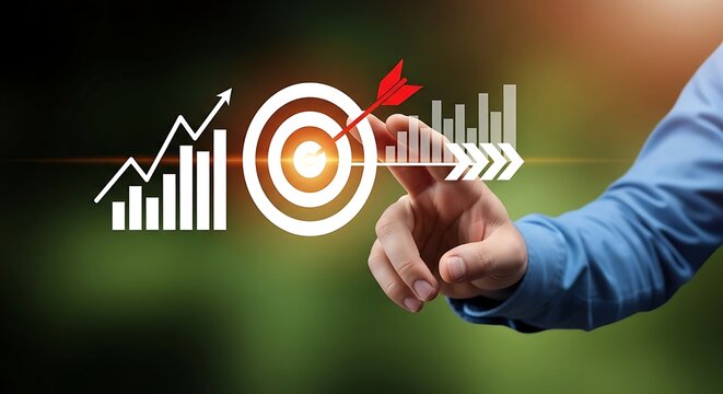 Hand pointing at target with graphs and charts arrow