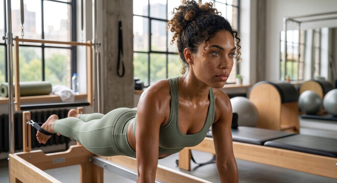 Belle femme sportive dans une salle de Pilates, silhouette mince et f&eacute;minine, allure s&eacute;duisante, cheveux color&eacute;s, l&eacute;g&egrave;rement en sueur, v&ecirc;tue d&rsquo;une tenue de sport, allong&eacute;e, vitalit&eacute;