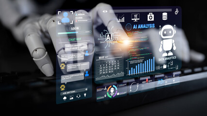 Futuristic Automation Interface with Artificial Intelligence Visualization and Robotic Hand Interacting with Digital Data Elements on Keyboard Fluxor.
