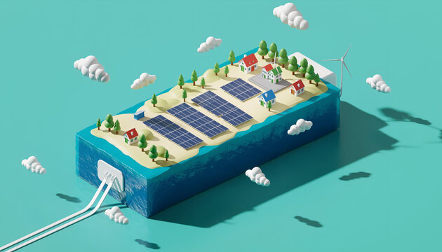 Isometric illustration of a small island with solar panels, houses, and a wind turbine in a bright setting