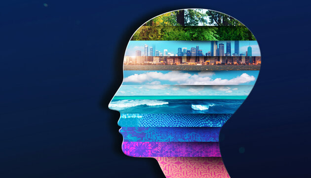 Person shape filled with different colorful landscapes representing nature and city life in a digital artwork