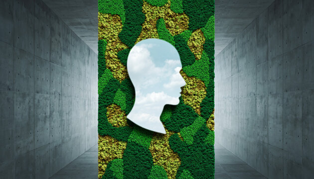 Cut-out profile surrounded by green plants in a modern indoor space