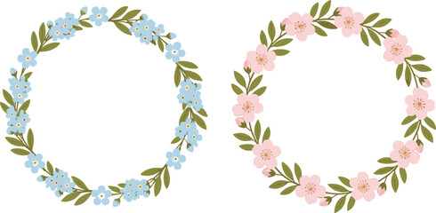 Obraz premium Delicate floral wreath collection with pastel flower circles in elegant botanical vector illustration set