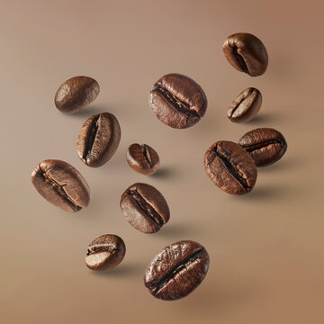 Flying roasted coffee beans isolated on beige background. Levitating aromatic arabica grains. Minimalist caffeine energy concept for espresso advertising.