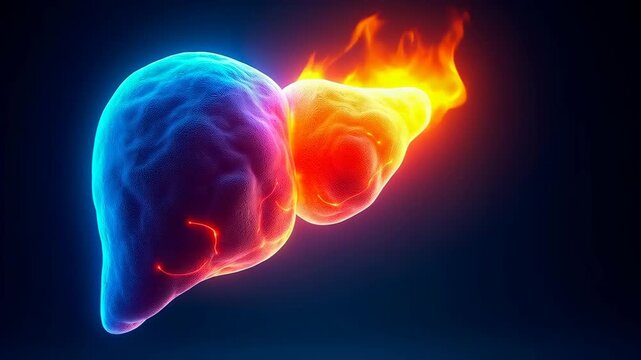 Liver inflammation visualization - glowing flame effect. Liver model with bile ducts highlighted. High-definition CGI rendering on dark background. Hepatology, liver disease study. Concept of health