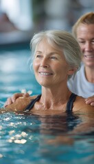 Fototapeta premium Senior patient calmly performing gentle arm rehabilitation in warm therapeutic water with therapist