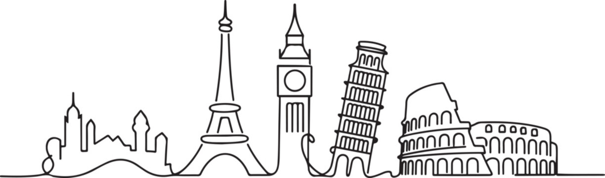 Europe skyline continuous outline drawing. graphic line art vector Illustration of famous landmarks, travel concept. one line Icon drawing