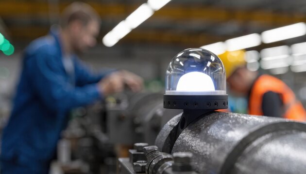 Focused shot of a Bluetooth beacon label on equipment glowing softly with blurred technicians in the background showcasing wireless location and maintenance status tracking.