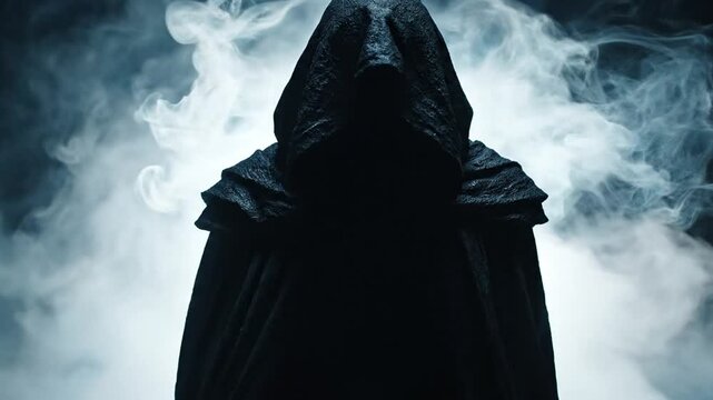 Mysterious hooded figure in smoke.
