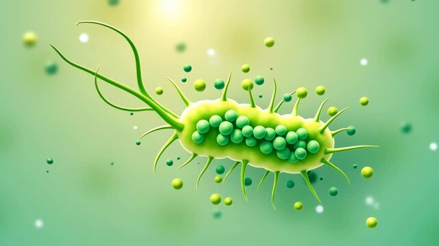 Bacterium moves in green fluid. Microorganism swims through water. Bright microscopic image with vibrant greens. Microbial motility, cellular behavior. Concept of survival and adaptation.