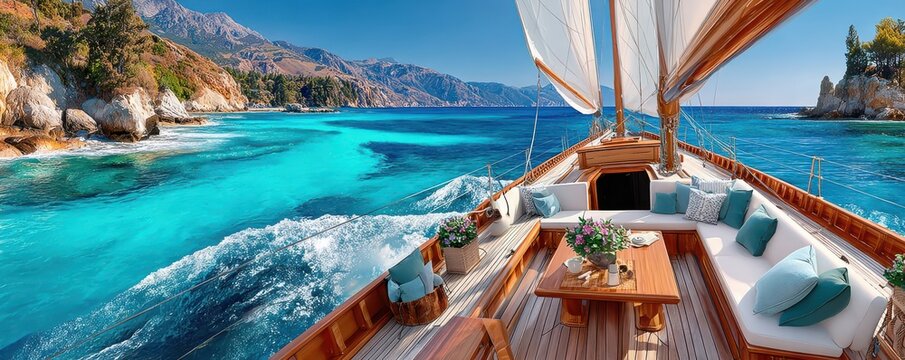 Sailing on a luxury yacht with turquoise sea and coastal views from the rear deck to the bow