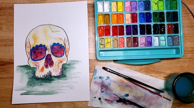 Watercolor Day of the Dead inspired Skull, top part no teeth or mandible, Painting Timelapse Colorful Sugar Skull Overhead No People