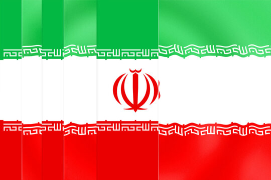 Vibrant Illustrated Flag of Iran Featuring the National Emblem and Kufic Script, Depicted with Dynamic, Textured Panels