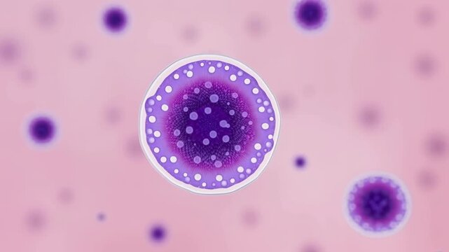 Cell division in a petri dish. Mitosis process at cellular level. Bright pink microscopic view. Cell biology, cell cycle regulation. Concept of growth and reproduction.