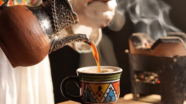 Traditional Arabic Coffee Pouring Ceremony in a Cozy Setting.