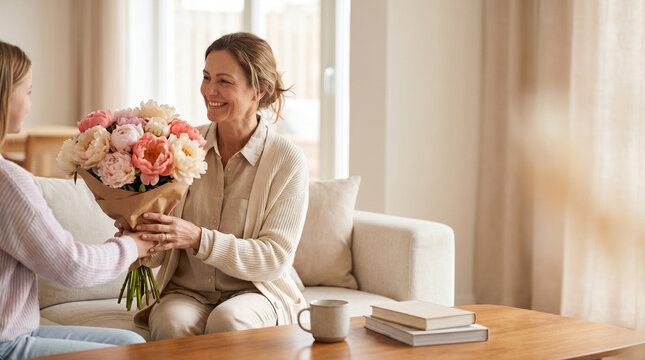 Woman receiving bouquet of peonies from daughter in cozy living room  