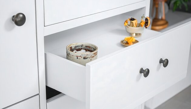 White dresser drawer open, ceramic bowl inside