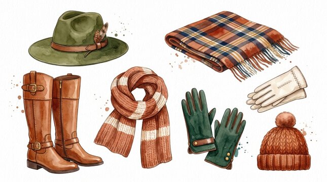 Essential fall and winter clothing items featuring hats scarves gloves and brown boots
