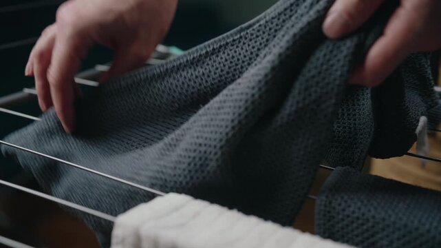 Housewife hands hanging wet laundry on clothes drying rack after washing for air drying, showing an essential daily household chore and energy saving, close-up. Concept of household cleanliness.