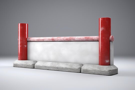 Concrete base supporting red poles and crossbar forming a security barrier