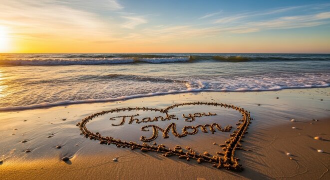 Heartfelt thank you message etched in beach sand at sunset