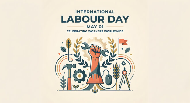 International Labour Day, May 1st, Fist Holding Wrench, Workers Unity, Hard Work Celebration, Industry, Tools, Gears, Wheat, Design, Graphic, Illustration, Concept, Celebration