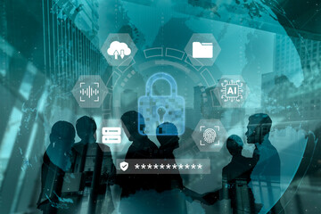 Dynamic representation of digital security featuring icons and silhouettes, showcasing...