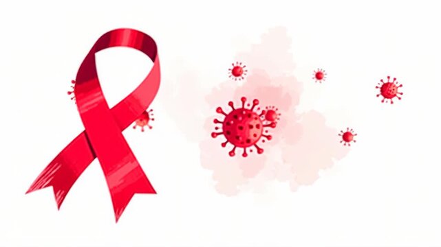 Red ribbon with virus particles. AIDS awareness symbol amidst disease. Digital art, muted colors. Health advocacy, global health crisis. Concept of solidarity and prevention.