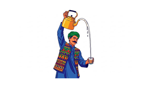 Traditional Chai Wala pouring hot milk tea in colorful waistcoat culture vector illustration
