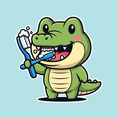 Obraz premium Cute cartoon alligator brushing teeth with toothbrush, dental hygiene, smiling