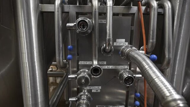 Brewery equipment showing stainless steel piping and valves in a continuous flow process for brewing operations and production setup