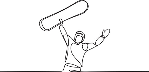 active young male stands with snowboard held high overhead in celebration, emphasizes triumph and joy of winter sport. one line icon drawing vector © jinnatun