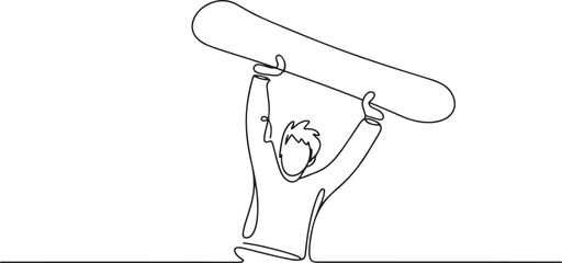 active young male stands with snowboard held high overhead in celebration, emphasizes triumph and joy of winter sport. one line icon drawing vector © jinnatun