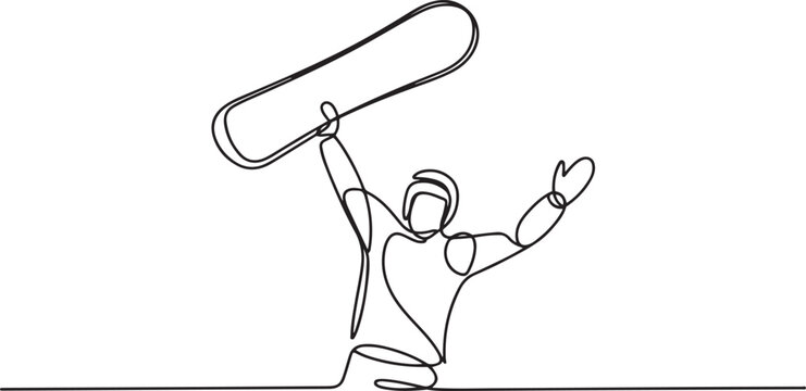 active young male stands with snowboard held high overhead in celebration, emphasizes triumph and joy of winter sport. one line icon drawing vector