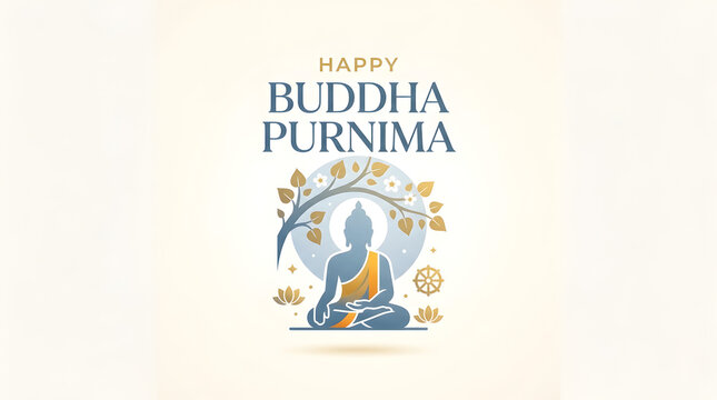 Happy Buddha Purnima Design - Buddha Silhouette Under Tree Branch with Lotus Flowers and Dharmachakra