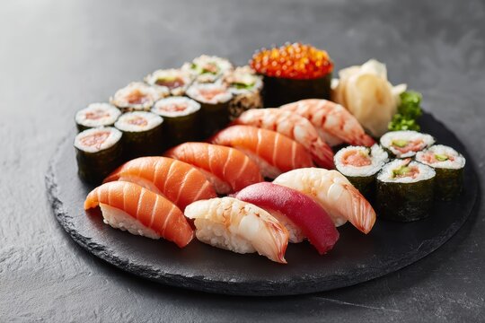 Assorted sushi platter with nigiri and maki rolls, clean food composition