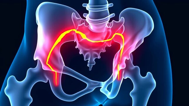 3D pelvis bone structure - highlighted. Hip joint model rotating smoothly. Medical anatomy visualization on dark background. Orthopedics, skeletal system. Concept of mobility and stability.