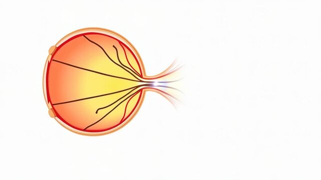 Cutaway eye cross-section - detailed anatomy revealed. Retina layers highlighted in vibrant colors. Simplified 2D medical illustration style on white. Ophthalmology, visual system study. Concept of