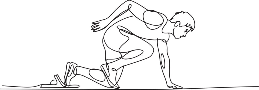 Young male running athlete on low start postion - continuous one line drawing. one line Icon drawing